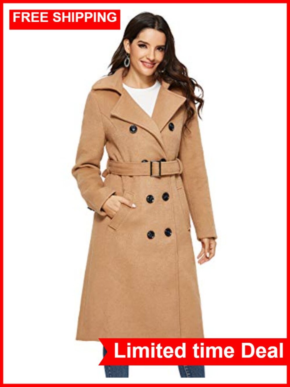 Wool Trench Coat Double Breasted Pea Coat Long Winter Coat with Belt